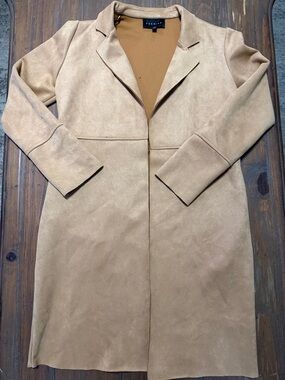 Premise Camel Long Open-Front Suede Trench Coat